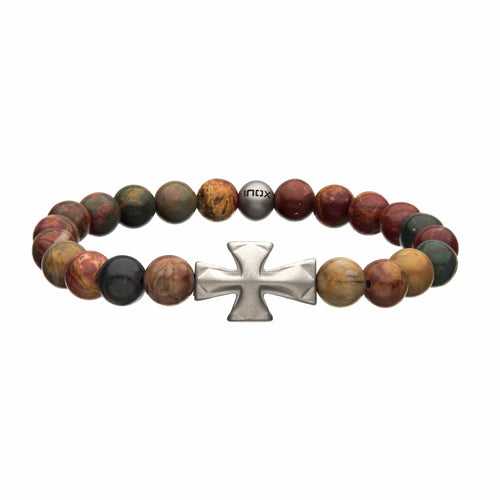 Silver Tone Stainless Steel 8mm Piccaso Jasper with Religious Cross Bead Bracelet