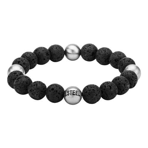Silver Tone Stainless Steel and Black Lava Satin Stretch Bracelet