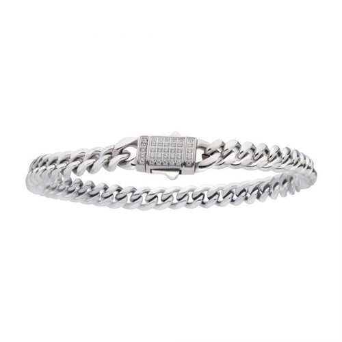 Silver Tone Stainless Steel Miami Cuban Chain Bracelet with CZ Double Tab Box Clasp
