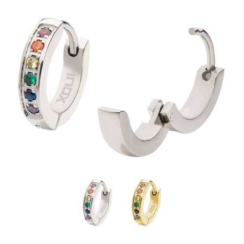 Silver Tone Stainless Steel Prong Set Rainbow CZ Huggie Earrings