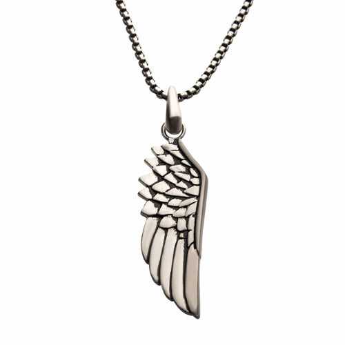 Antiqued Silver Tone Stainless Steel Oxidized Finish Wing Pendant with Chain