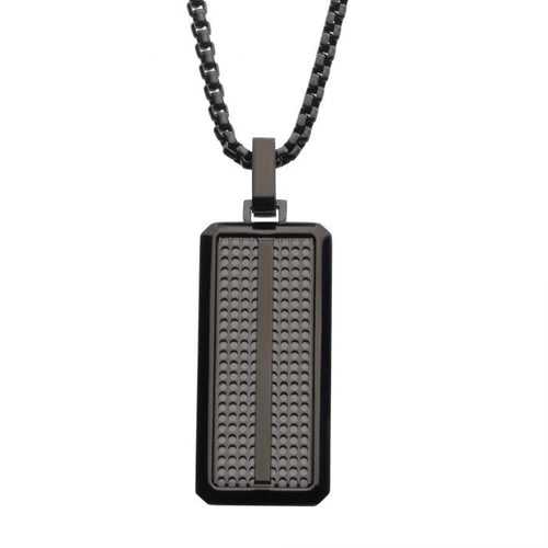 Black Stainless Steel Polished Finish Sleek Textured ID Tag Pendant with Bold Box Chain