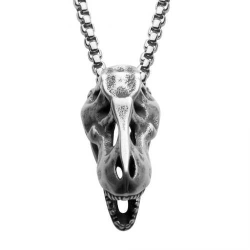 Distressed Matte Finish Silver Tone Stainless Steel T-Rex Skull Pendant with Chain