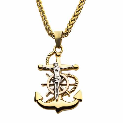 Golden and Silver Tone Stainless Steel Anchor Design Religious Pendant with Chain
