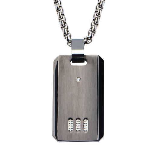 Gunmetal Silver Tone Stainless Steel Truptych Collection CZ ID Tag