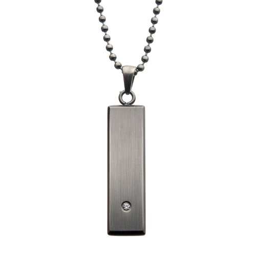 Gunmetal Silver Tone Stainless Steel with CZ Accent Engraveable Tag Pendant and Chain