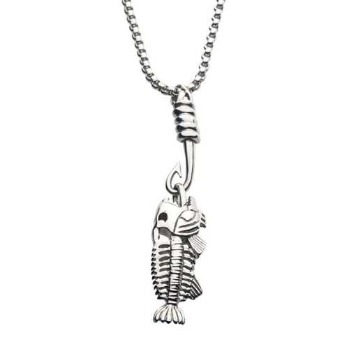 Silver Tone Stainless Steel Fishbone Pendant with Hook on Box Chain