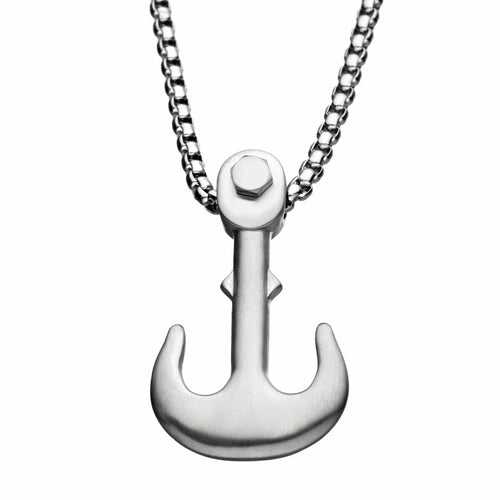 Silver Tone Stainless Steel Matte Finish Man of War Anchor Pendant with Chain