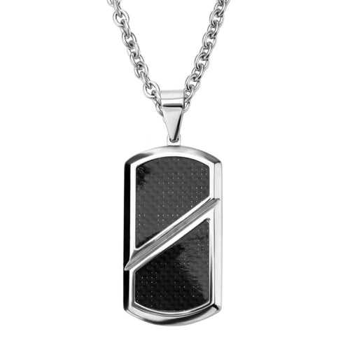 Silver Tone Stainless Steel with Inlaid Black Carbon Fiber ID Tag