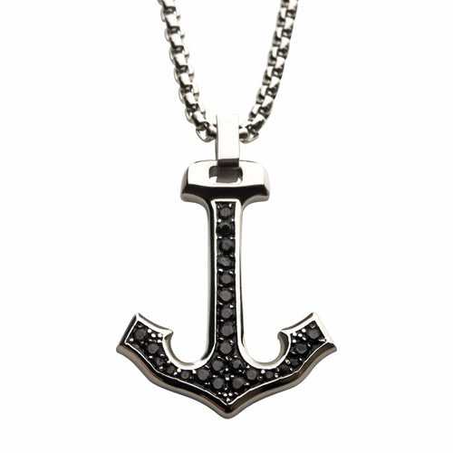 Silver Tone Stainless Steel with Inlaid Black CZ Anchor Design Pendant and Chain