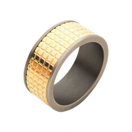 18K Gold Plated Stainless Steel Gunmetal Border with Grid Inlay Ring
