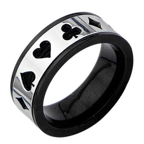 Black and Silver Tone Stainless Steel Cut-Out Poker Cable Ring