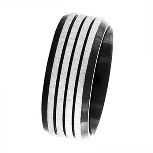 Black and Silver Tone Stainless Steel Quadruple Horizontal Stripe Ring
