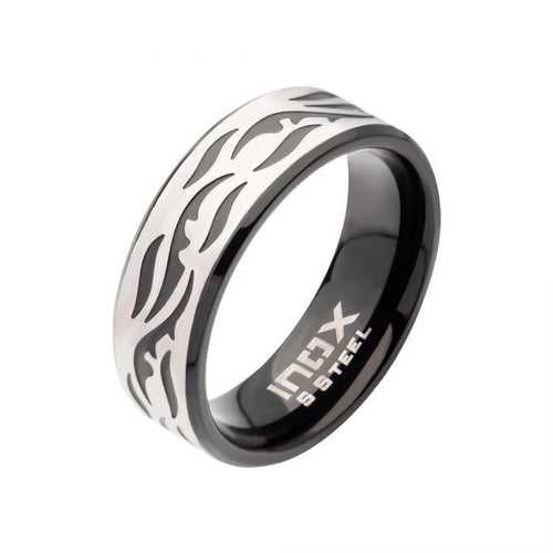 Black and Silver Tone Stainless Steel with Tribal Cut Out Design Comfort Fit Band Ring