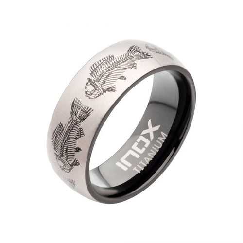 Black and Silver Tone Titanium Fishbone Design Comfort Fit Ring