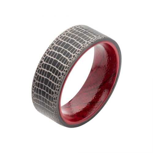 Black and Silver Tone Titanium Reptile Skin Design with Inner Rosewood Comfort Fit Ring
