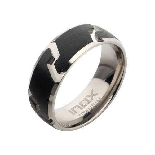 Black and Silver Tone Titanium Tread Pattern Band Ring