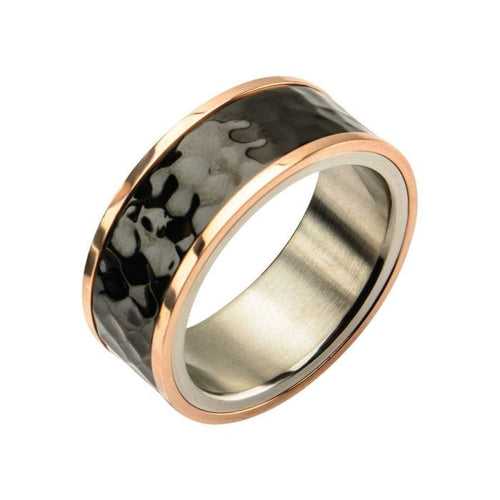 Black, Rose, and Silver Tone Stainless Steel Hammered Finish Band Ring