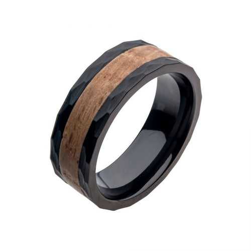 Black Stainless Steel Band with Whiskey Barrel Wooden Inlay