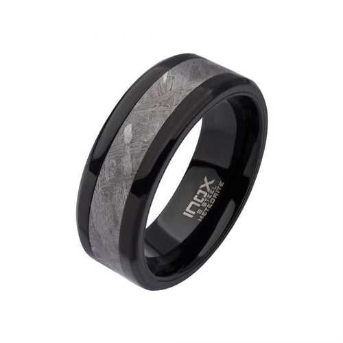 Black Stainless Steel with Genuine Meteorite Inlay Band Ring