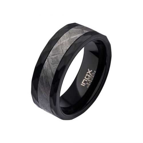 Black Stainless Steel with Genuine Meteorite Inlay Hammered Band Ring