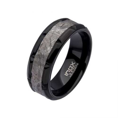 Black Stainless Steel with Genuine Meteorite Inlay Notch Band Ring