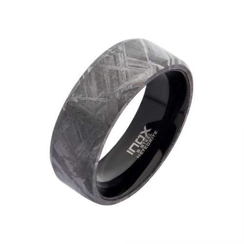 Black Stainless Steel with Solid Meteorite Inlay Band Ring