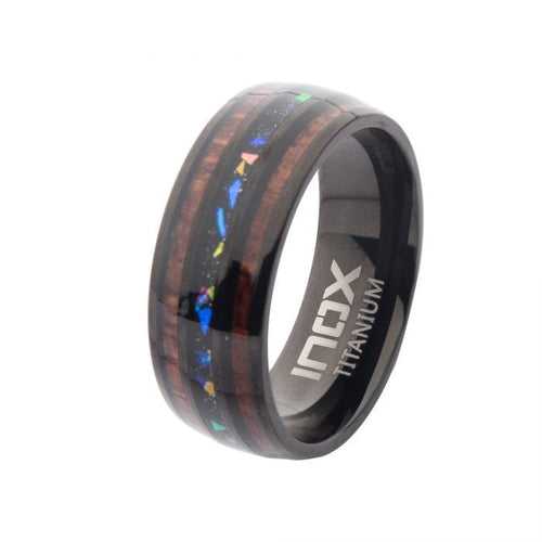 Black Titanium with Inlaid Wood and Opal Band Ring