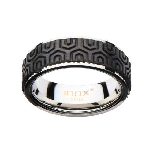 Silver Tone Stainless Steel Treated Solid Carbon Fiber Geometrical Pattern Band