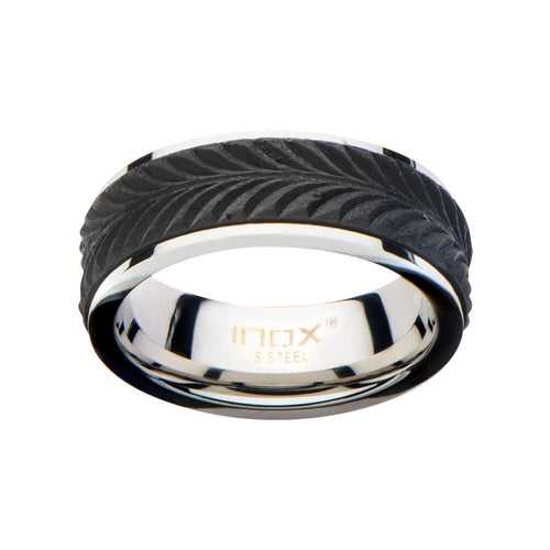 Silver Tone Stainless Steel Treated Solid Carbon Fiber Tire Patterned Band