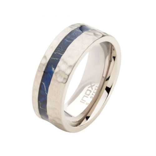 Silver Tone Stainless Steel with Blue Dyed Wood Inlay Band Ring