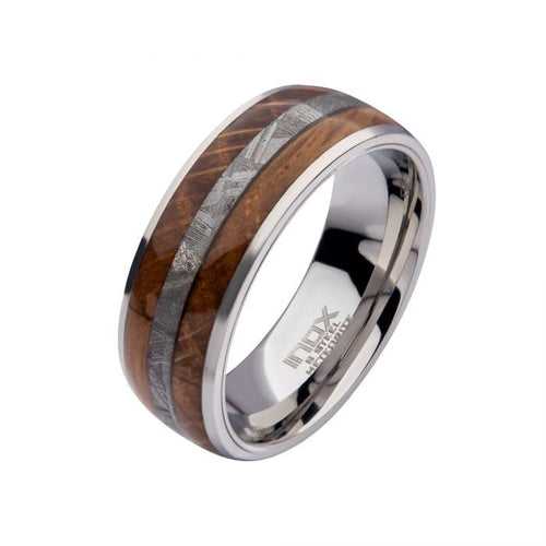 Silver Tone Stainless Steel with Genuine Meteorite and Whisky Barrel Inlay Band Ring