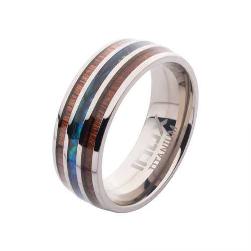 Silver Tone Titanium with Inlaid Wood and Shell Band Ring