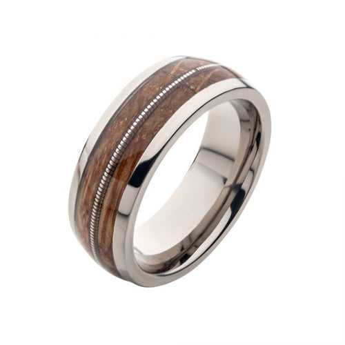 Silver Tone Titanium with Whiskey Barrel Wood Inlay Band Ring
