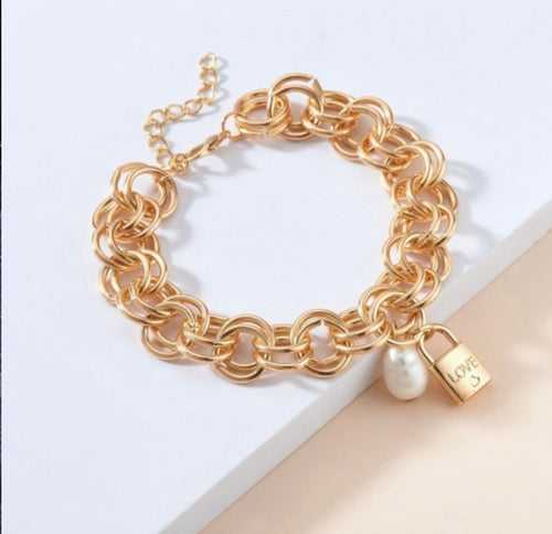 Lock and Pearl Chunky Link Bracelet