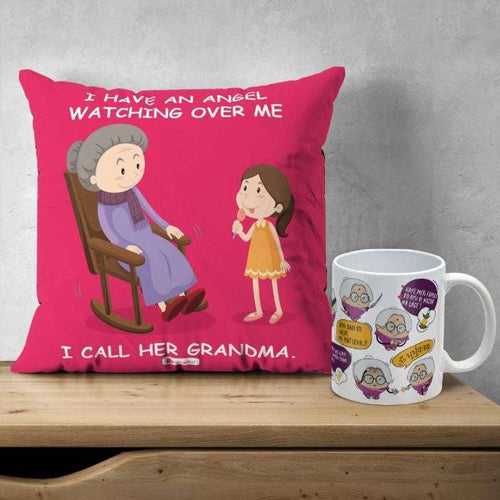 I Have Angel Printed Multicolor Poly Satin Cushion And Ceramic Coffee Mug For Grandmother