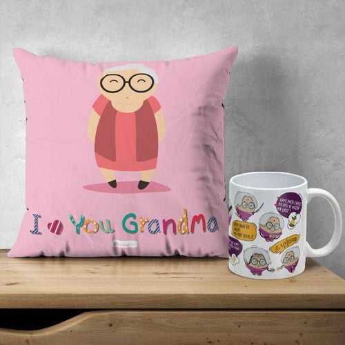 I Love You Grandma Printed Multicolor Poly Satin Cushion And Ceramic Coffee Mug