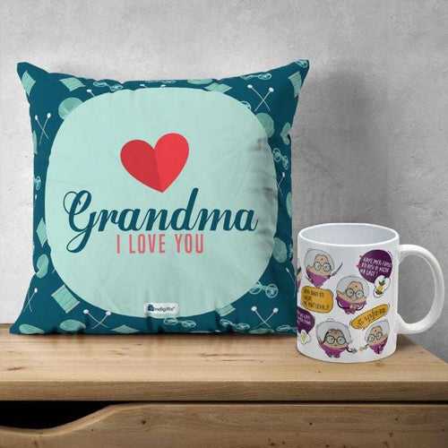 Grandma I Love You Printed Multicolor Poly Satin Cushion And Ceramic Coffee Mug
