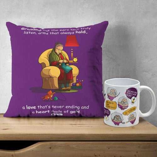 Grandma Quote Printed Multicolor Poly Satin Cushion And Ceramic Coffee Mug
