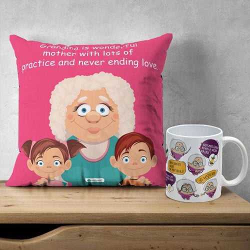 Grandma Wonderful Quote Printed Multicolor Poly Satin Cushion And Ceramic Coffee Mug