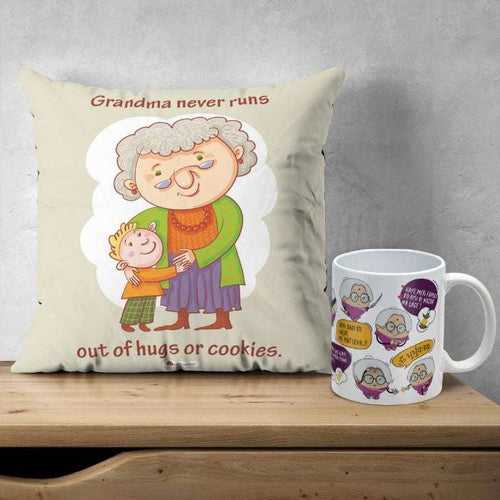 Grandma Never Runs Printed Multicolor Poly Satin Cushion And Ceramic Coffee Mug