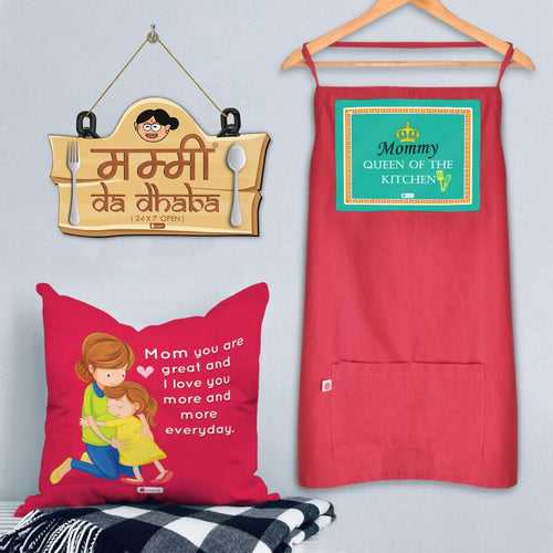 Mummy is Queen of Kitchen Printed Apron with Cushion, wall hanging Gifts for Mom