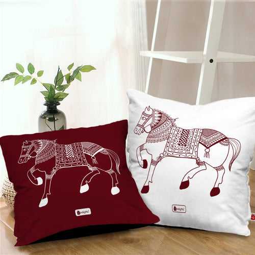 Horse Printed Red & White Warli Themed Ethnic Cushion For Home Decor