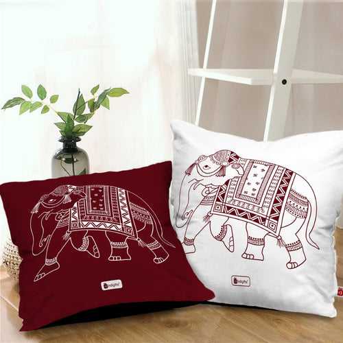 Elephant Printed Red & White Warli Themed Ethnic Cushion For Home Decor