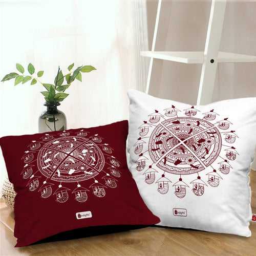 Ferries Wheel Printed Red & White Warli Themed Ethnic Cushion For Home Decor