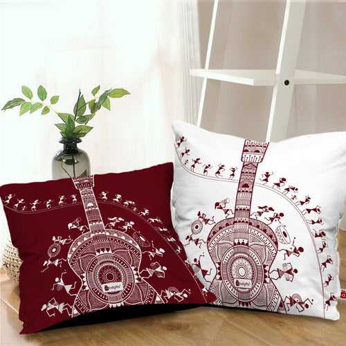 Red & White Warli Themed Ethnic Cushion For Home Decor