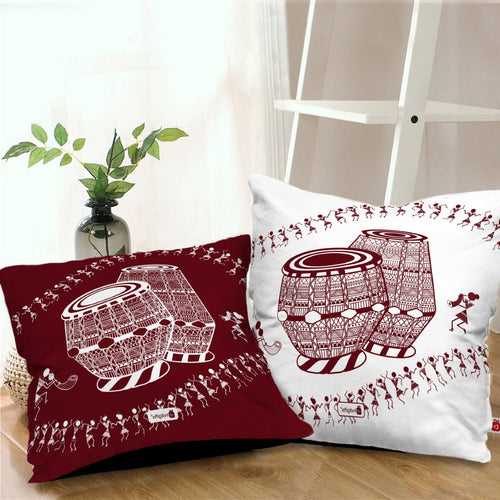 Tabla Printed Red & White Warli Themed Ethnic Cushion For Home Decor