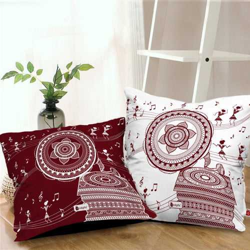 Gramophone Printed Red & White Warli Themed Ethnic Cushion For Home Decor