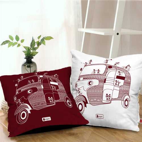 Auto Printed Red & White Warli Themed Ethnic Cushion For Home Decor