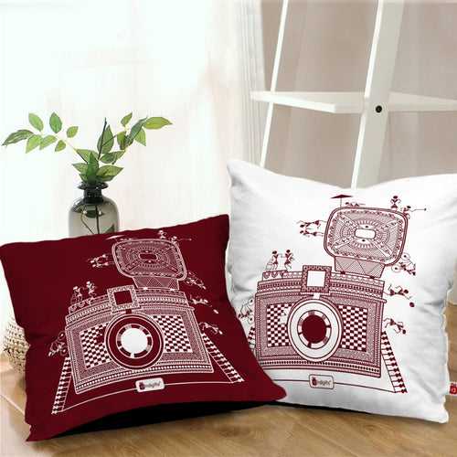 Camera Printed Red & White Warli Themed Ethnic Cushion For Home Decor
